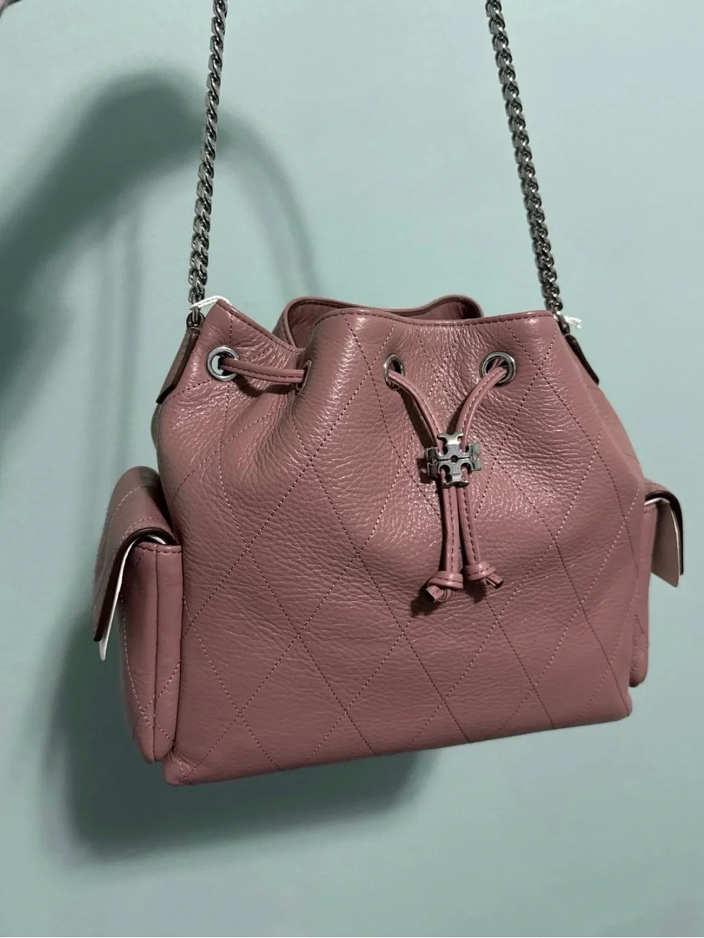 Tory Burch Dusty Rose Quilted Leather Drawstring Shoulder Bag